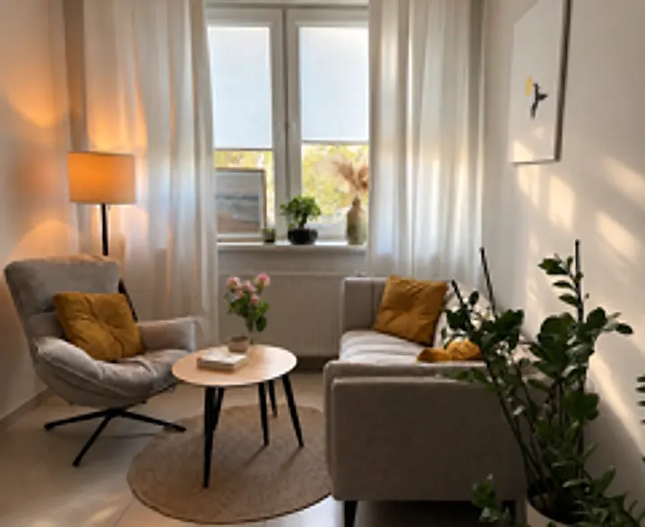 Gabinet: fotel, sofa, okrągły stolik z kwiatami, lampa podłogowa i okno